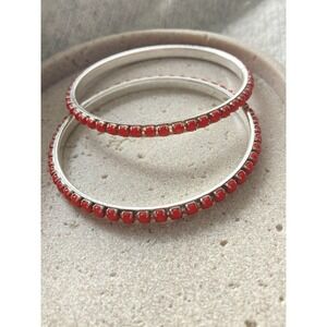 Red Rhinestone Bangle Bracelets Set Of 2 Slim Silver Tone Stackable Layering